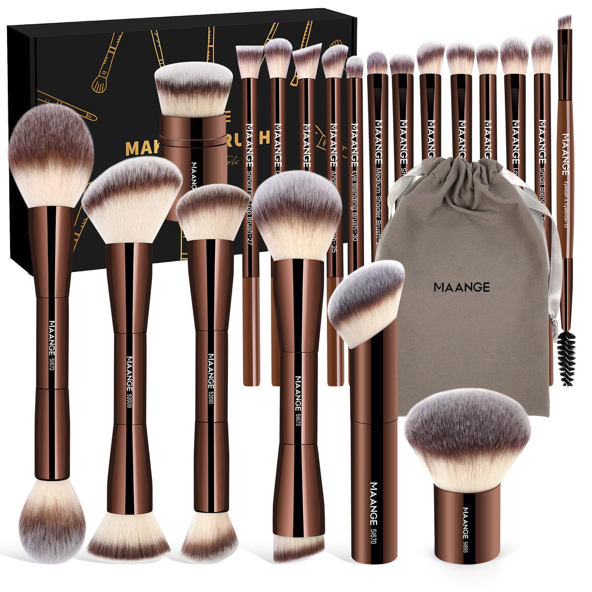 MAANGE 20 PCS Foundation Makeup Brush Set, Double-ended Kabuki Contour Brush for Liquid Powder Concealer Blending Blush Face Makeup Tools with Gift Box (Coffee)