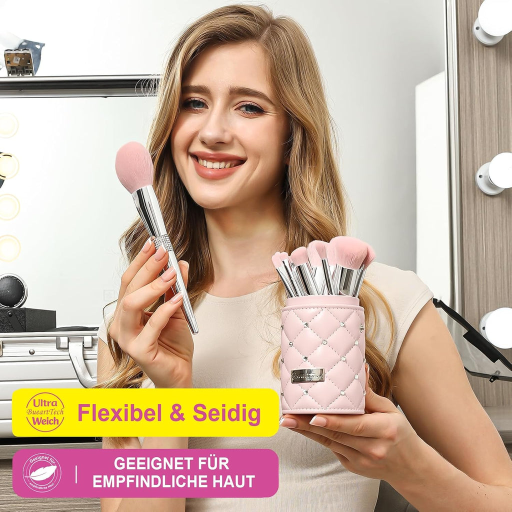 Bueart Design 15Pcs Labeled Makeup Brushes Set with Elegant Pink Holder