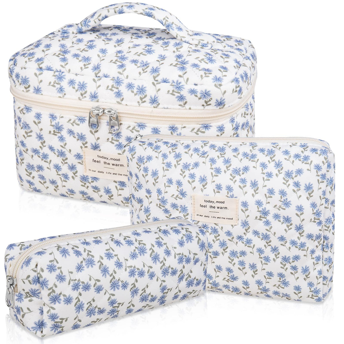 Gosect Makeup Bag, Large Quilted Cosmetic Bag, Big Floral Make Up Bag for Women Girls, Cute Cotton Makeup Bag Set, Flower Travel Toiletry Organizer Bag (Blue Flower)