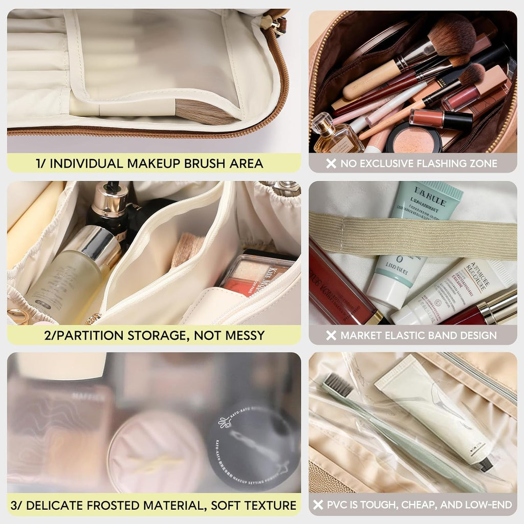 GIVLEFLY Travel Makeup Bag for Women, Flat Open Cosmetic Organizer