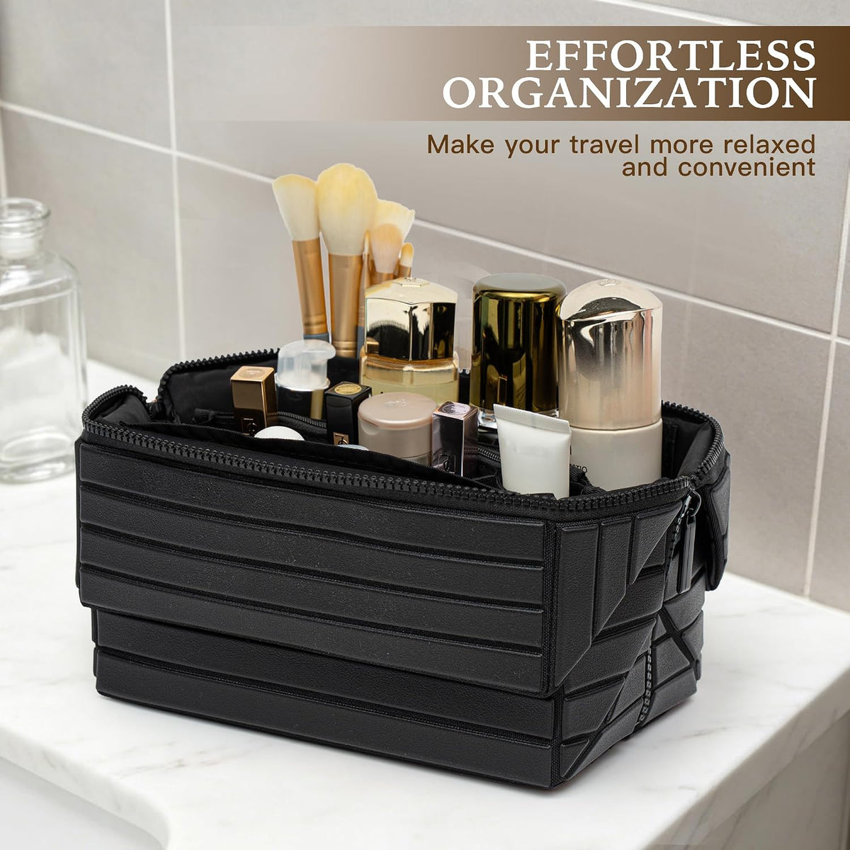 Minoisome Travel Makeup Bag,PU leather toiletry bag,make up organizer case for women,Large Capacity Cosmetic Bag,Wide-open Pouch Purse，Toiletries Accessories，Fold-Down Design and Adjustable Dividers.