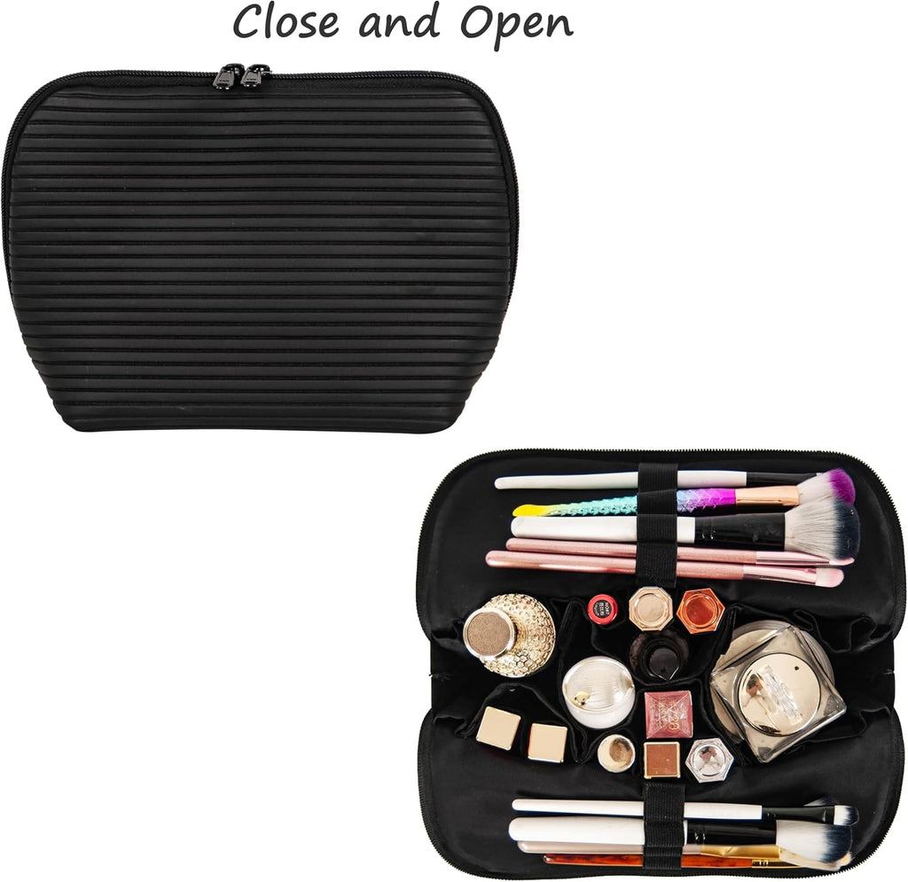 Travel Makeup Bag for Women, Waterproof Stand Up Cosmetic Bag with Brush Holders, Organizer Bag with Compartments, Fold-Down Design for Skincare, Toiletries & Essentials (Black, Medium)