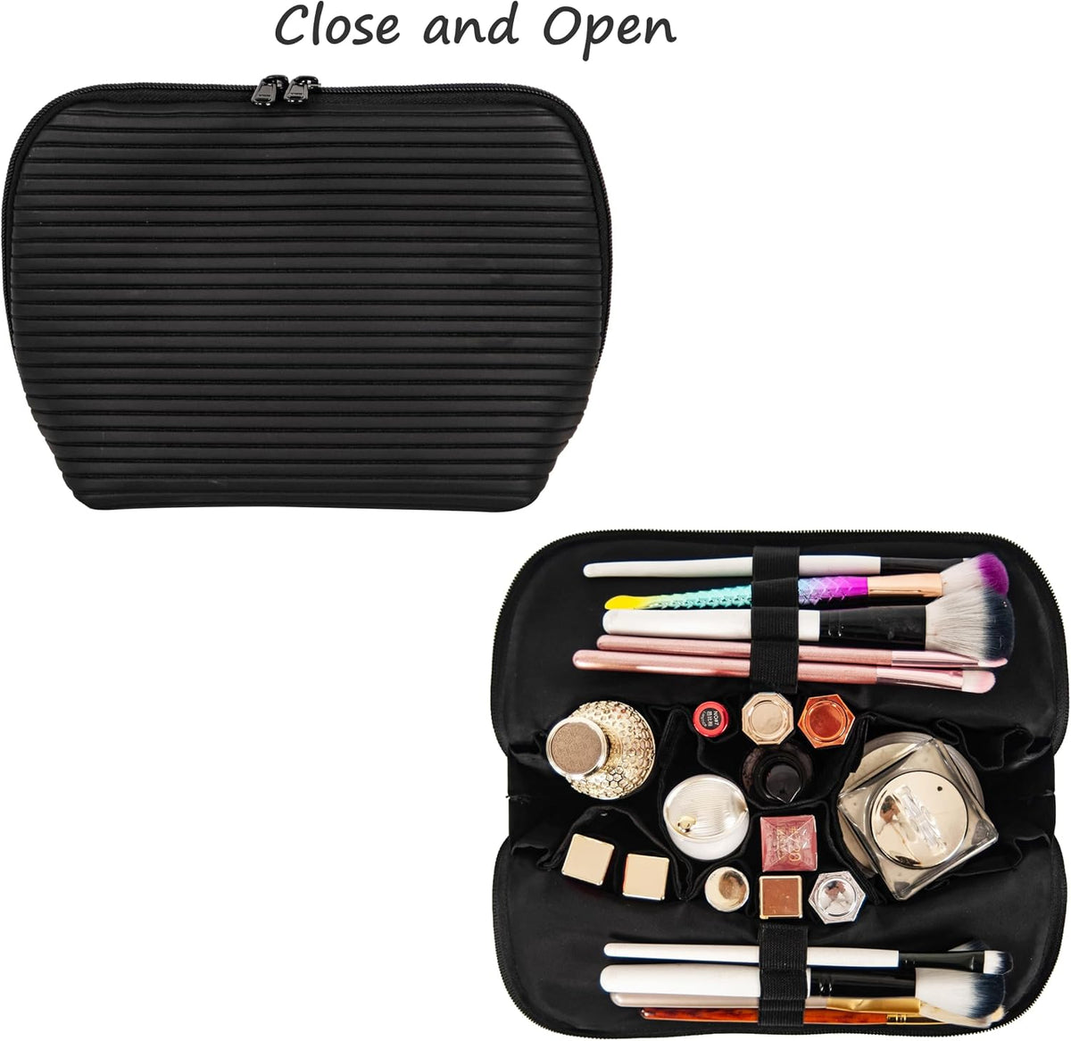 Travel Makeup Bag for Women, Waterproof Stand Up Cosmetic Bag with Brush Holders, Organizer Bag with Compartments, Fold-Down Design for Skincare, Toiletries & Essentials (Black, Medium)