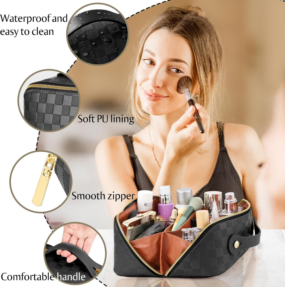 ALEXTINA Travel Makeup Bag, Checkered PU Leather Cosmetic Bag, Black