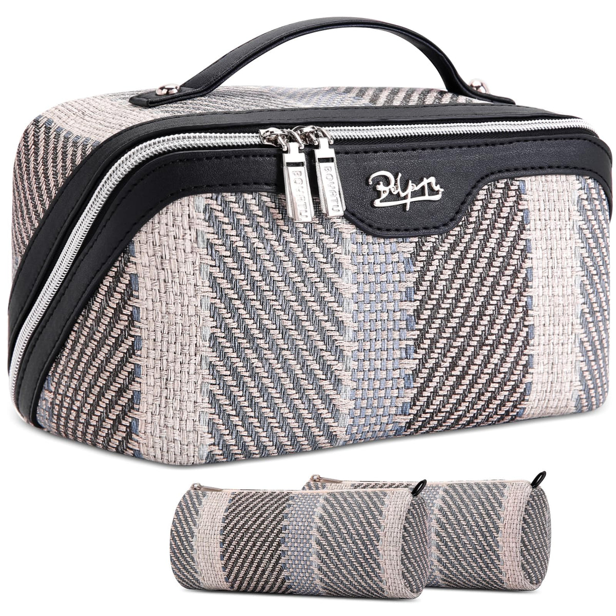 BOYATU Travel Makeup Bag for Women: 3 Pcs Set Striped Make up Bag,Blue