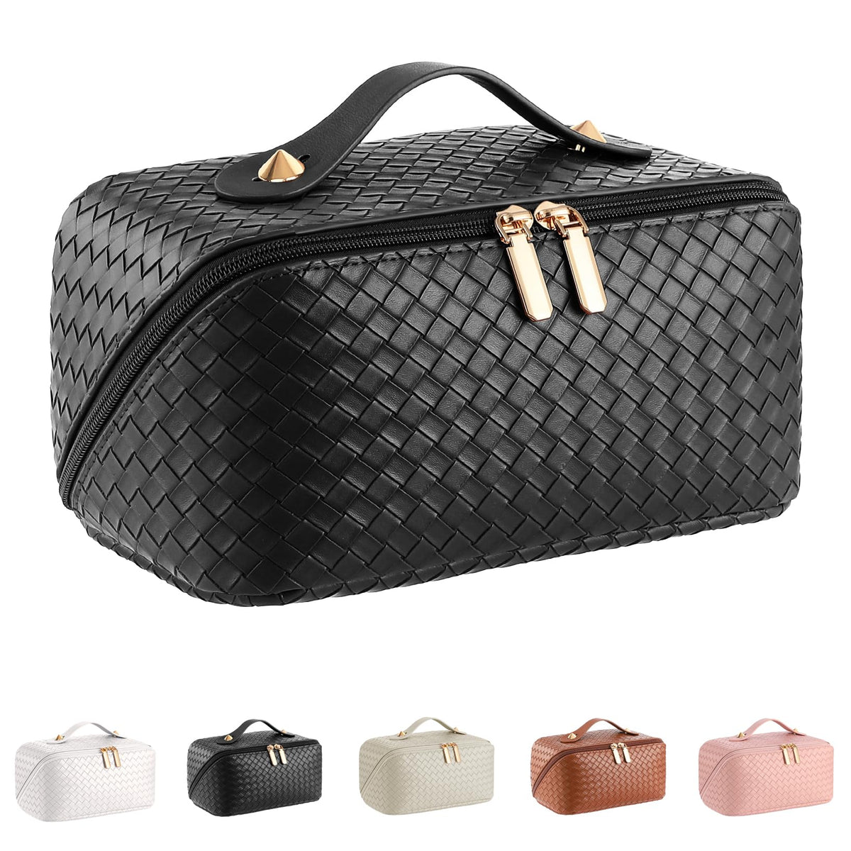 ALEXTINA Travel Makeup Bag, Checkered PU Leather Cosmetic Bag, Black