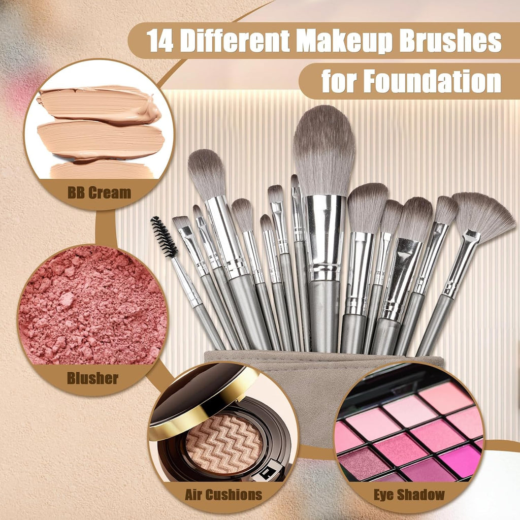 Amrules 14 Pcs Professional Makeup Brush Set, with PU Bag, Grayish
