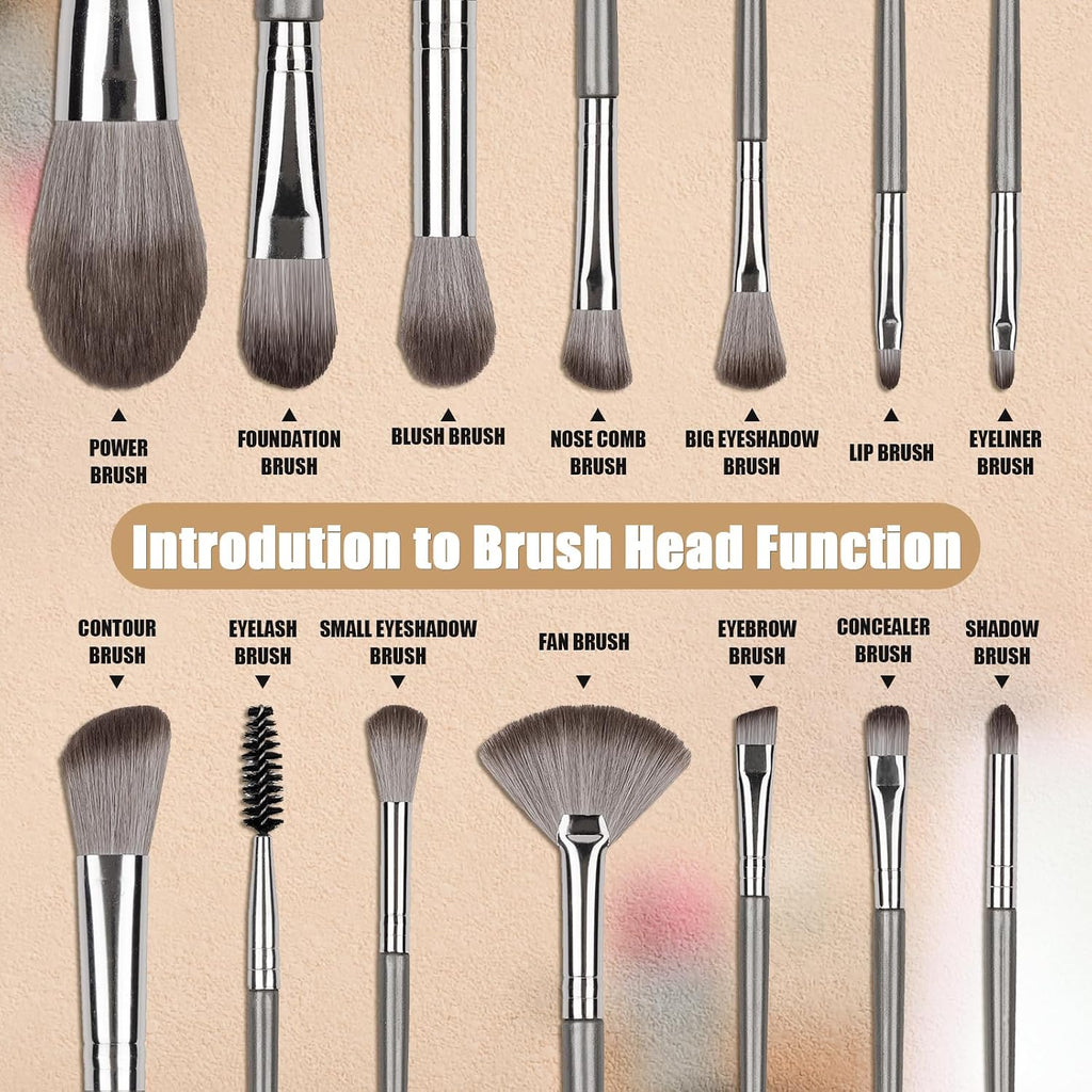 Amrules 14 Pcs Professional Makeup Brush Set, with PU Bag, Grayish