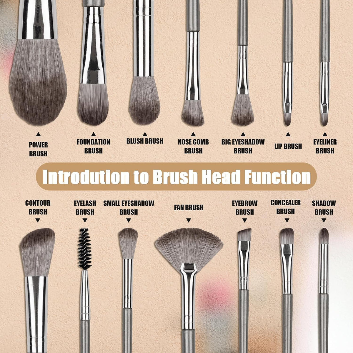 Amrules 14 Pcs Professional Makeup Brush Set, with PU Bag, Grayish
