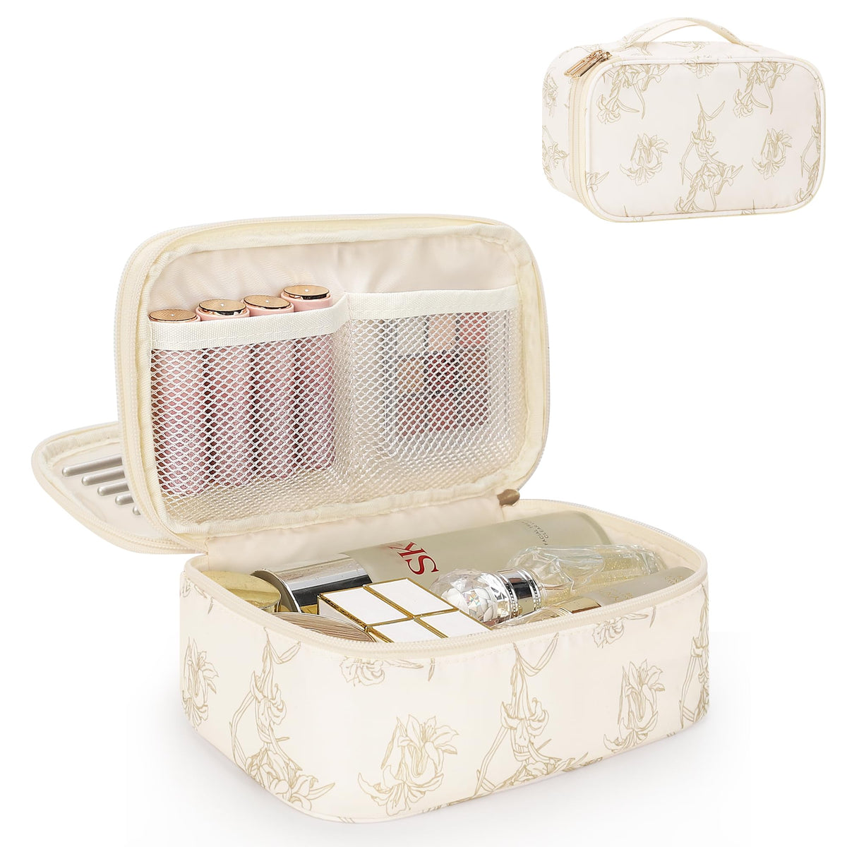Relavel Travel Makeup Bag, Small Floral Cosmetic Bag with Makeup Brush Compartment, Portable Makeup Pouch for Women, Double Layer Makeup Organizer Bag Cute Toiletry Bag