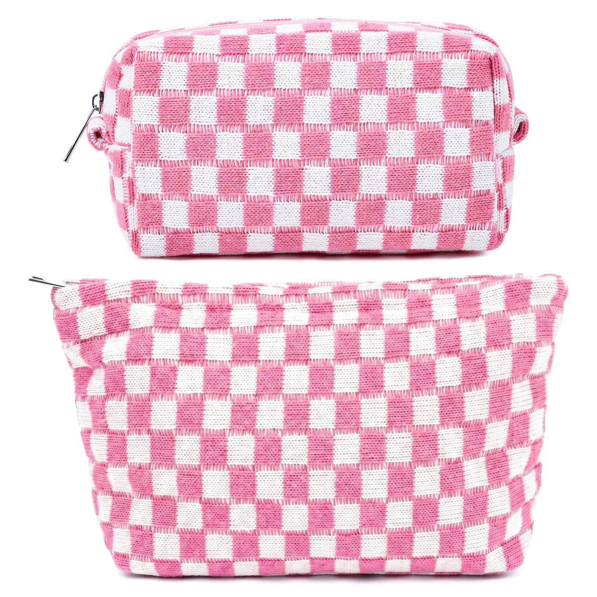 SOIDRAM 2 Pieces Makeup Bag Large Checkered Cosmetic Bag Capacity Canvas Mix Travel Toiletry Bag Organizer Cute Makeup Brushes Aesthetic Accessories Storage Bag for Women, Checkered Mix Rose Red