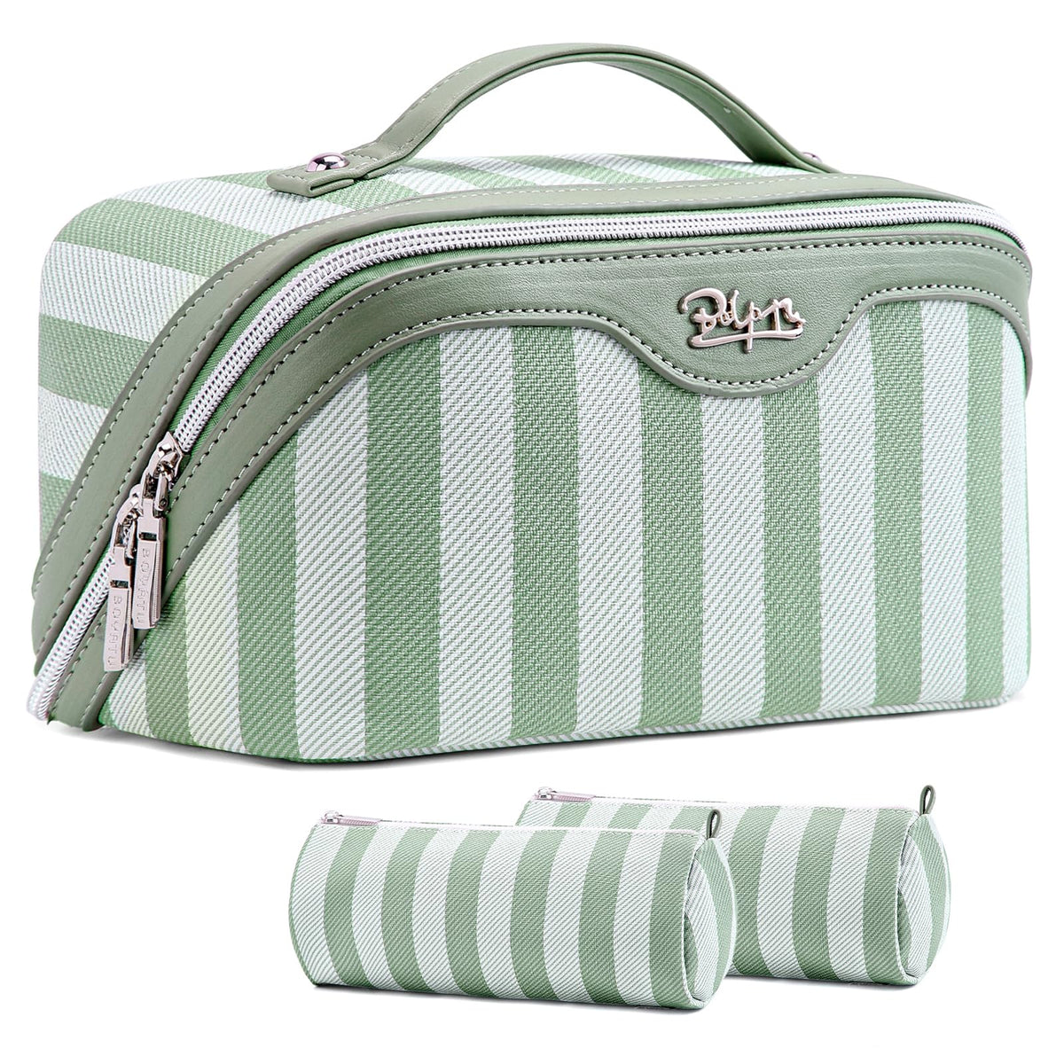 BOYATU Travel Makeup Bag for Women: 3 Pcs Set Striped Make up Bag,Blue