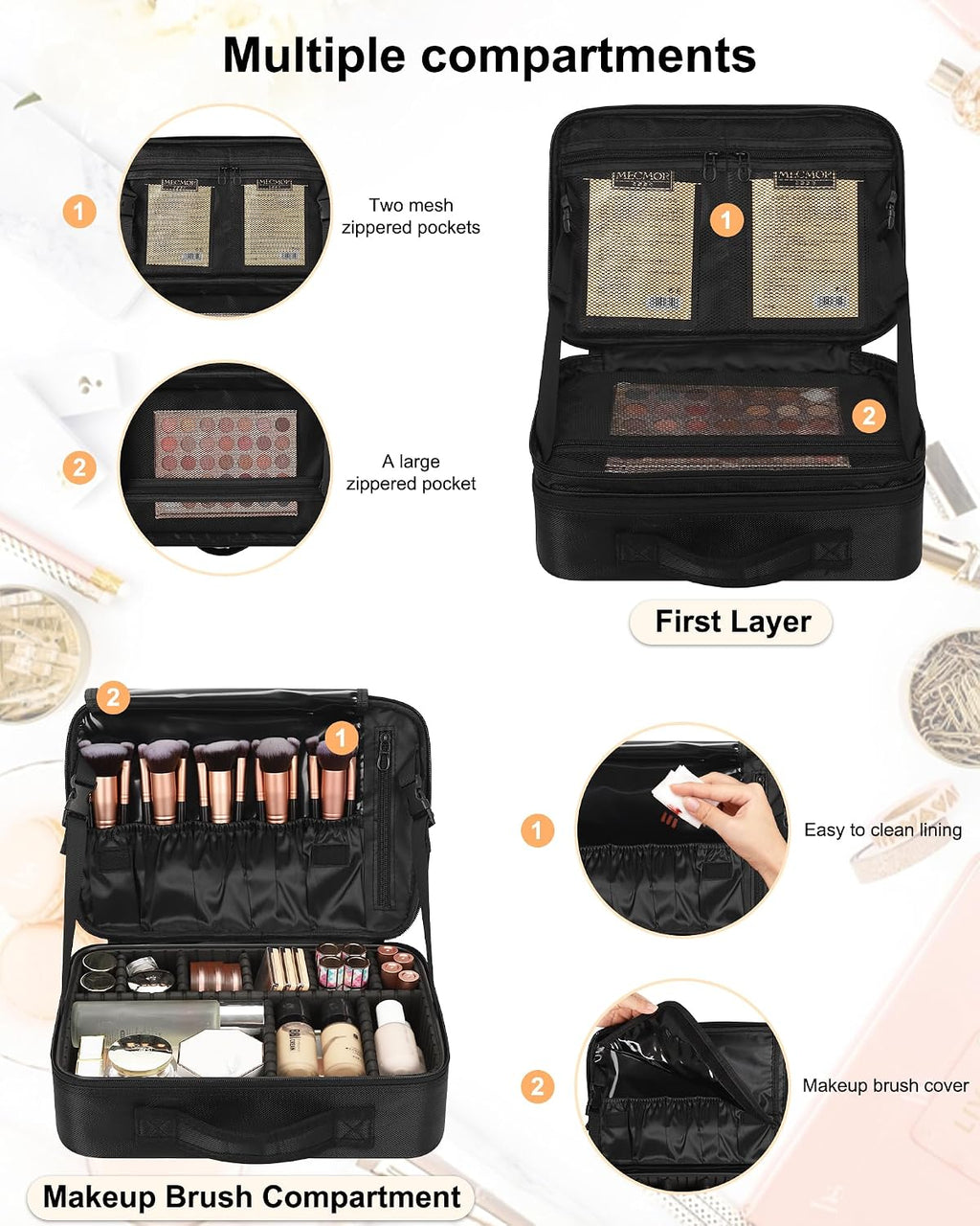 Relavel Makeup Bag Travel Train Case Cosmetic Organizer with Divider, Black