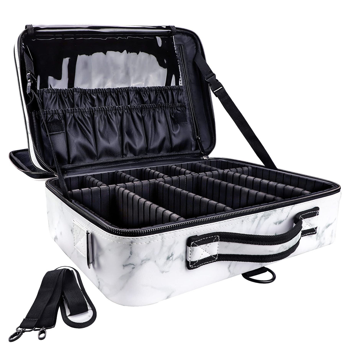 gzcz Large Capacity Travel Makeup Train Case,Professional Cosmetic Bags for Women,Portable Makeup Brush Bag Organizer Storage with Adjustable Dividers and Shoulder Strap