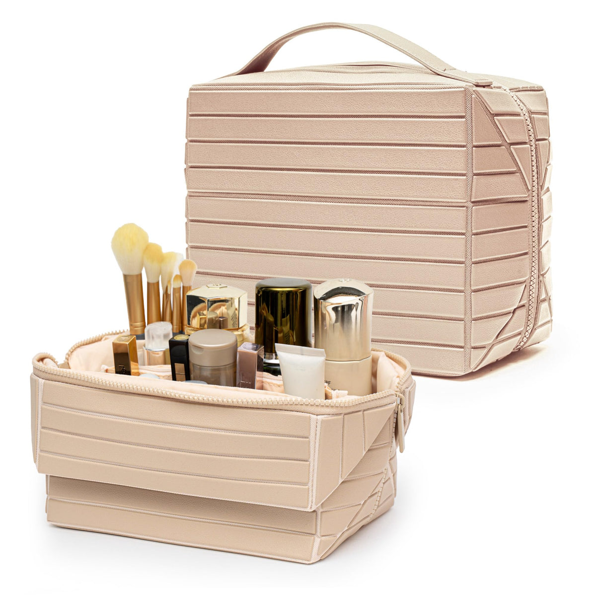 Minoisome Travel Makeup Bag,PU leather toiletry bag,make up organizer case for women,Large Capacity Cosmetic Bag,Wide-open Pouch Purse，Toiletries Accessories，Fold-Down Design and Adjustable Dividers.