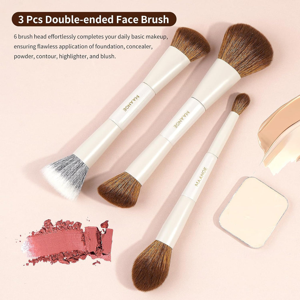 MAANGE Makeup Brush Set 14-In-7 Double Ended Essential Foundation Makeup Brushes for Powder Concealers Eye Shadows Blush Make Up Brushes with Travel Makeup Case