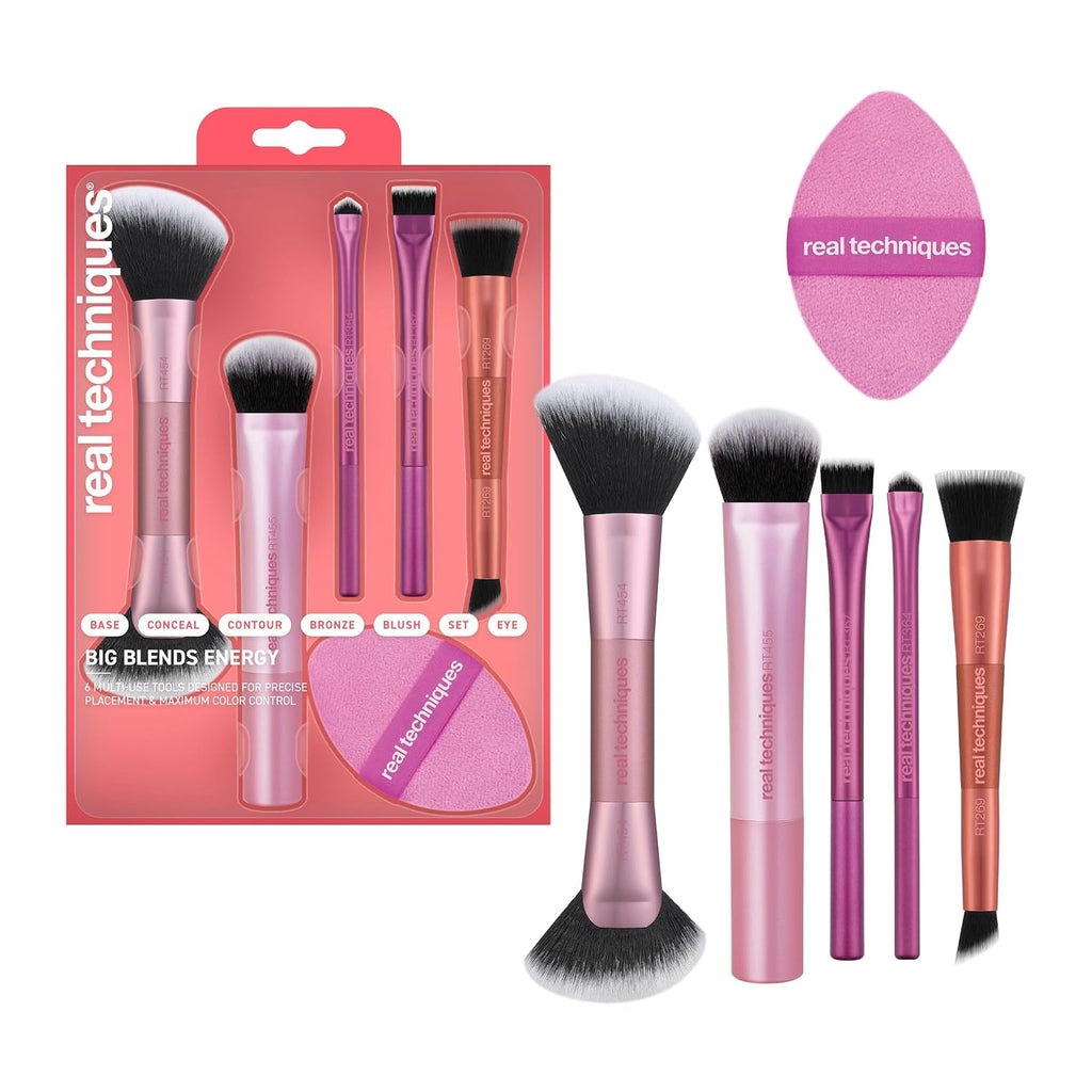 Real Techniques Big Blends Energy Brush + Dual-Sided Puff Kit, 6-Piece Set