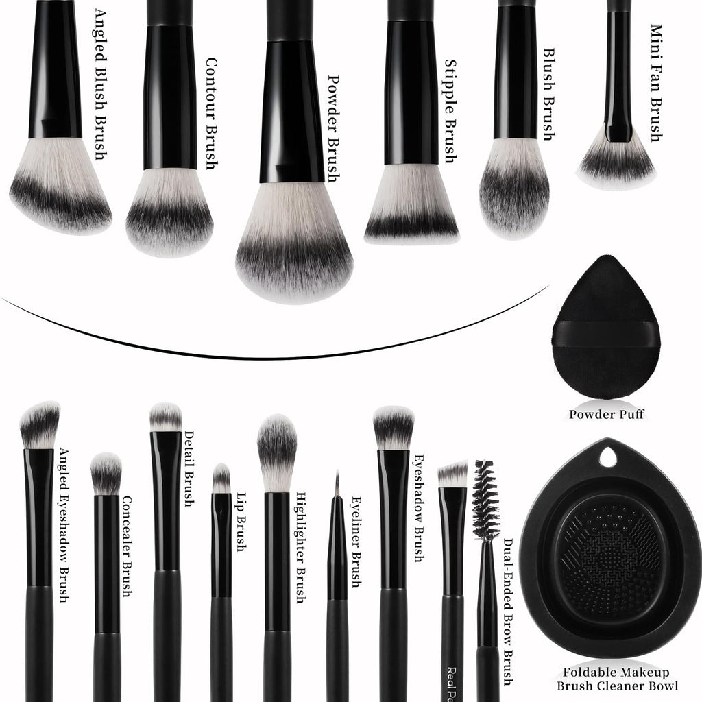 Real Perfection Makeup Brushes Set 14 Pcs with 1 Foldable Silicone Cleaner Bowl and 1 Powder Puff, Professional Foundation Eyeshadow Concealer Blush Powder Bronzer Make up Brushes Kit - Black