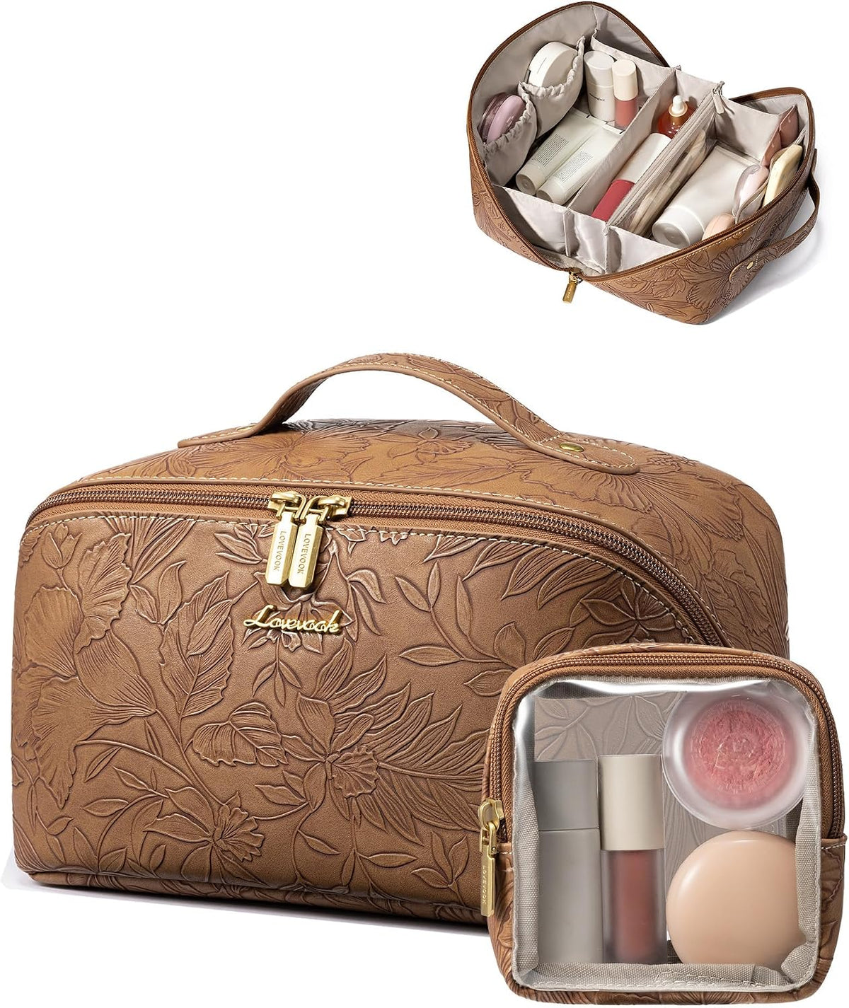 LOVEVOOK Travel Makeup Bag for Women, 2Pcs Large Capacity Cosmetic Organizer Bag, Waterproof PU Leather, Flat Open Portable Small Toiletry Pouch for Skincare, Brushes