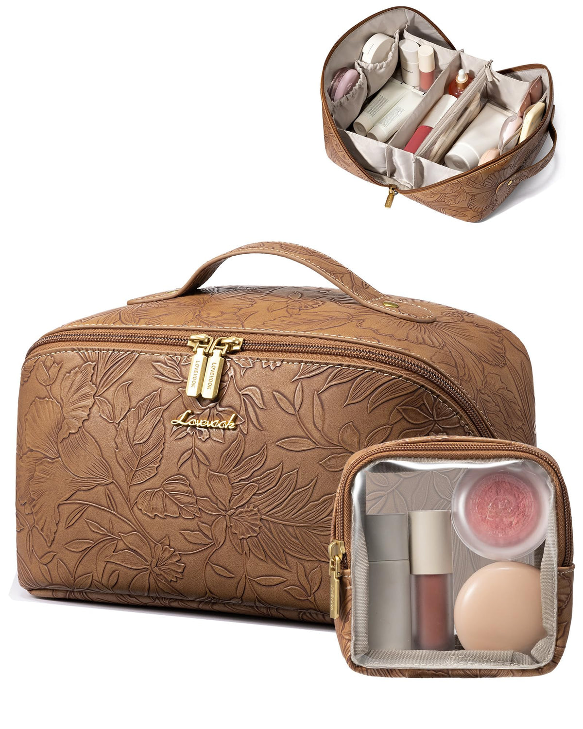 LOVEVOOK Travel Makeup Bag for Women, 2Pcs Large Capacity Cosmetic Organizer Bag, Waterproof PU Leather, Flat Open Portable Small Toiletry Pouch for Skincare, Brushes