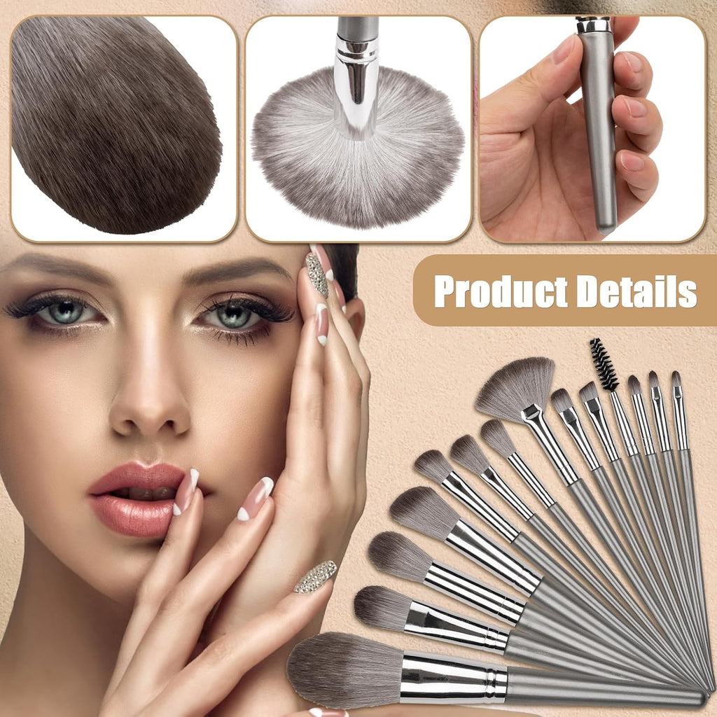 Amrules 14 Pcs Professional Makeup Brush Set, with PU Bag, Grayish