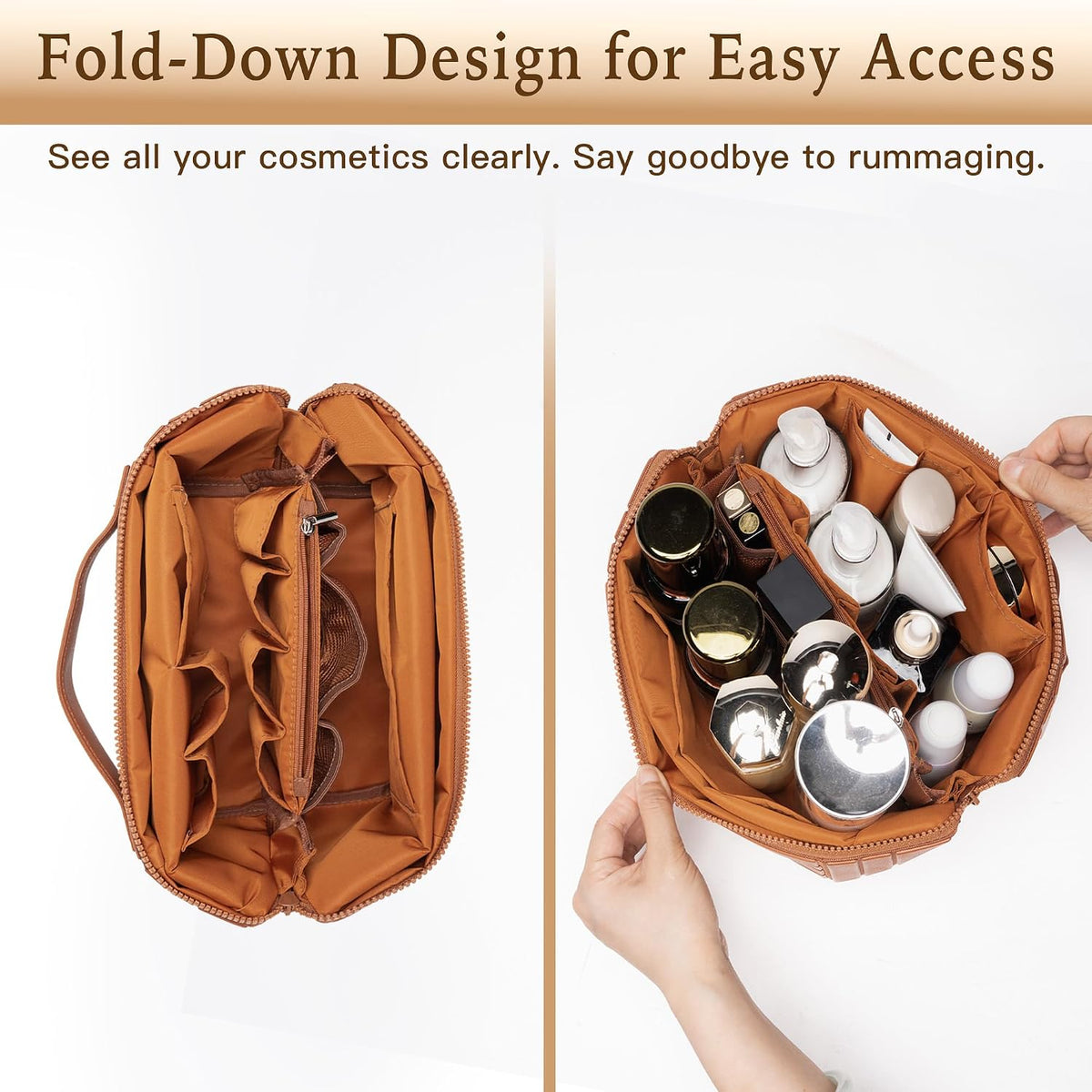 Minoisome Travel Makeup Bag,PU leather toiletry bag,make up organizer case for women,Large Capacity Cosmetic Bag,Wide-open Pouch Purse，Toiletries Accessories，Fold-Down Design and Adjustable Dividers.