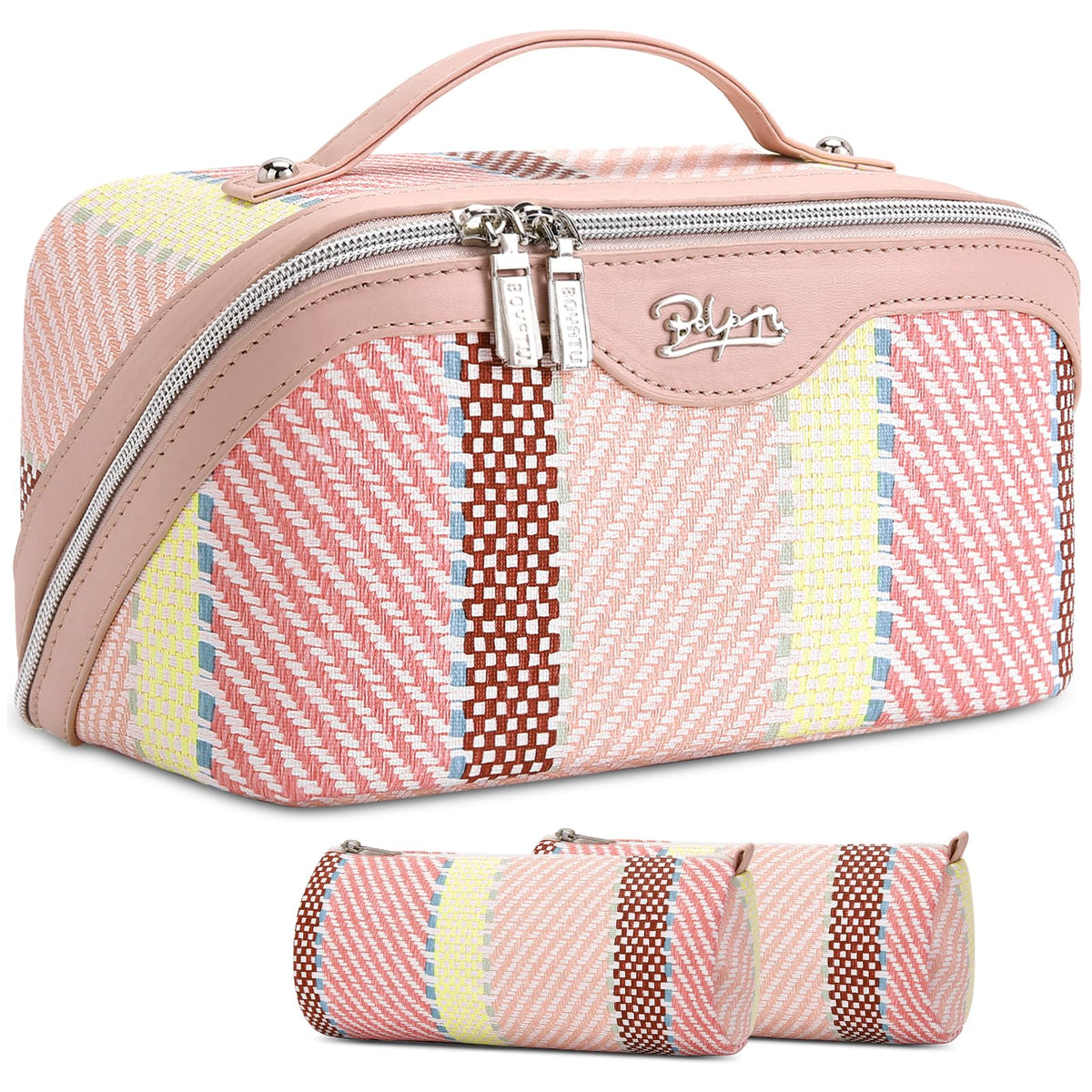 BOYATU Travel Makeup Bag for Women: 3 Pcs Set Striped Make up Bag,Blue