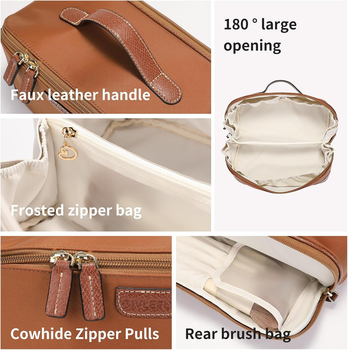 GIVLEFLY Travel Makeup Bag for Women, Flat Open Cosmetic Organizer