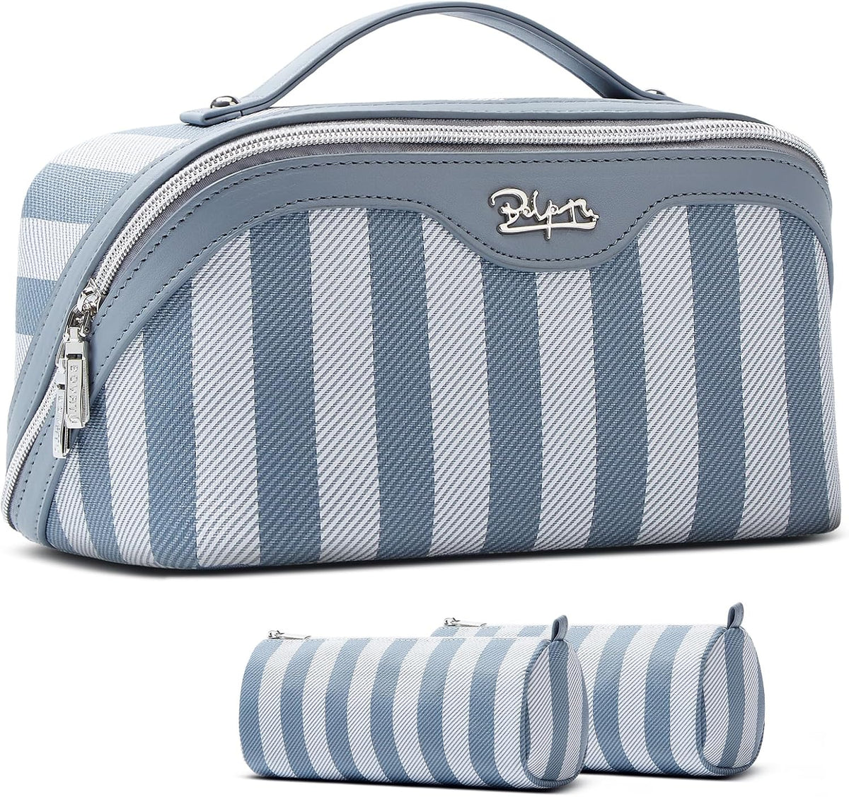 BOYATU Travel Makeup Bag for Women: 3 Pcs Set Striped Make up Bag,Blue