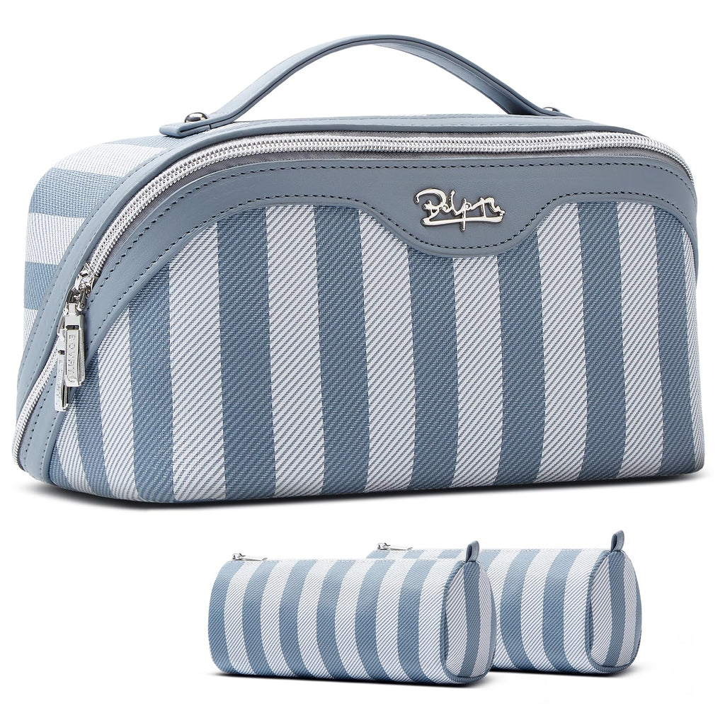BOYATU Travel Makeup Bag for Women: 3 Pcs Set Striped Make up Bag,Blue