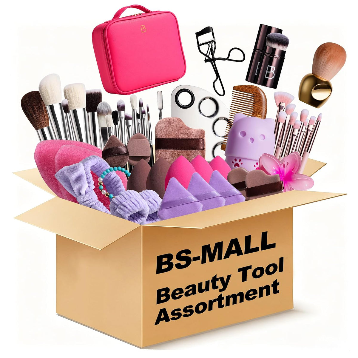 BS-MALL Makeup Brushes & Beauty Tools Assortment Box – Curated Collection of Makeup Brushes, Makeup Bag, Makeup Sponge, Hair Ties & More Professional Beauty Tools for Daily Use & Travel (M)