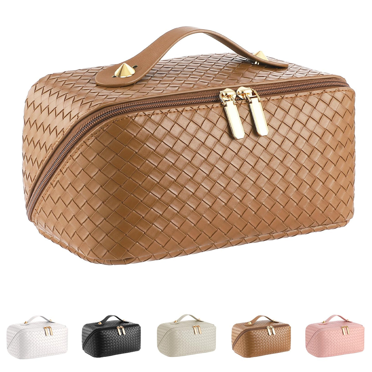 ALEXTINA Travel Makeup Bag, Checkered PU Leather Cosmetic Bag, Black