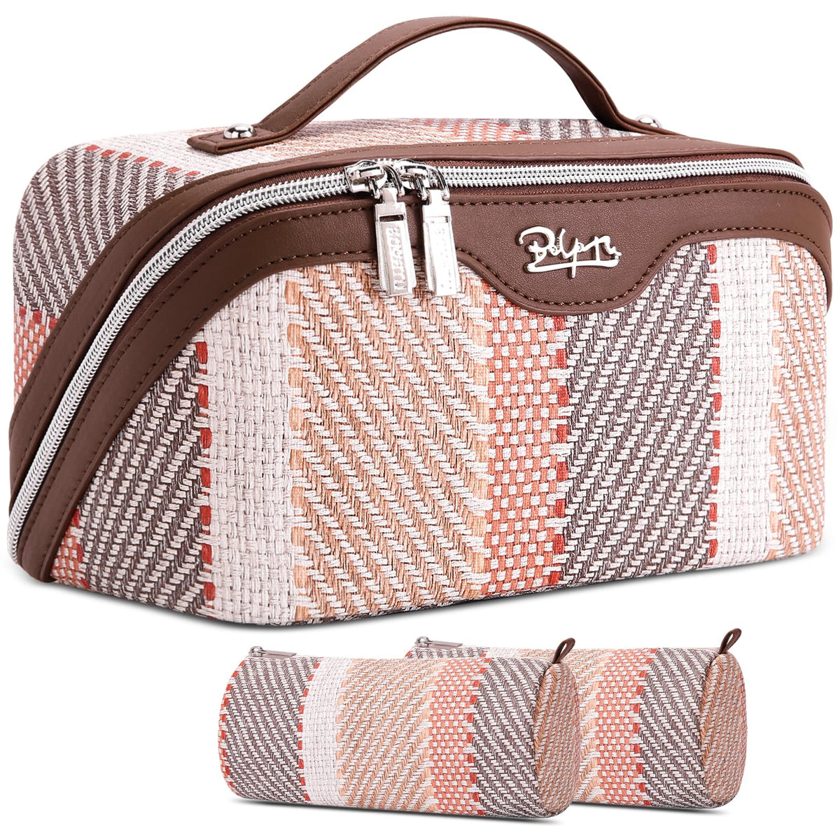 BOYATU Travel Makeup Bag for Women: 3 Pcs Set Striped Make up Bag,Blue