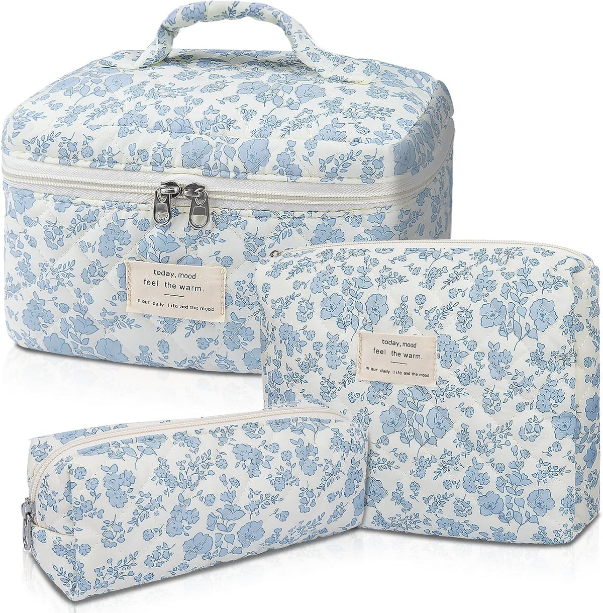 Gosect Makeup Bag, Large Quilted Cosmetic Bag, Big Floral Make Up Bag for Women Girls, Cute Cotton Makeup Bag Set, Flower Travel Toiletry Organizer Bag (Blue Flower)