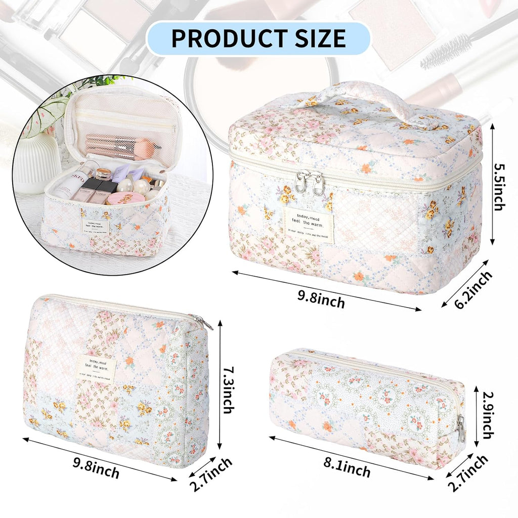 senbowe Floral Makeup Bag, 3 Pack Large Cotton Quilted Makeup Bag Set, Cute Floral Coquette Aesthetic Toiletry Bag Make Up Cosmetic Bag for Women, Toiletry Travel Make Up Organizer Bag