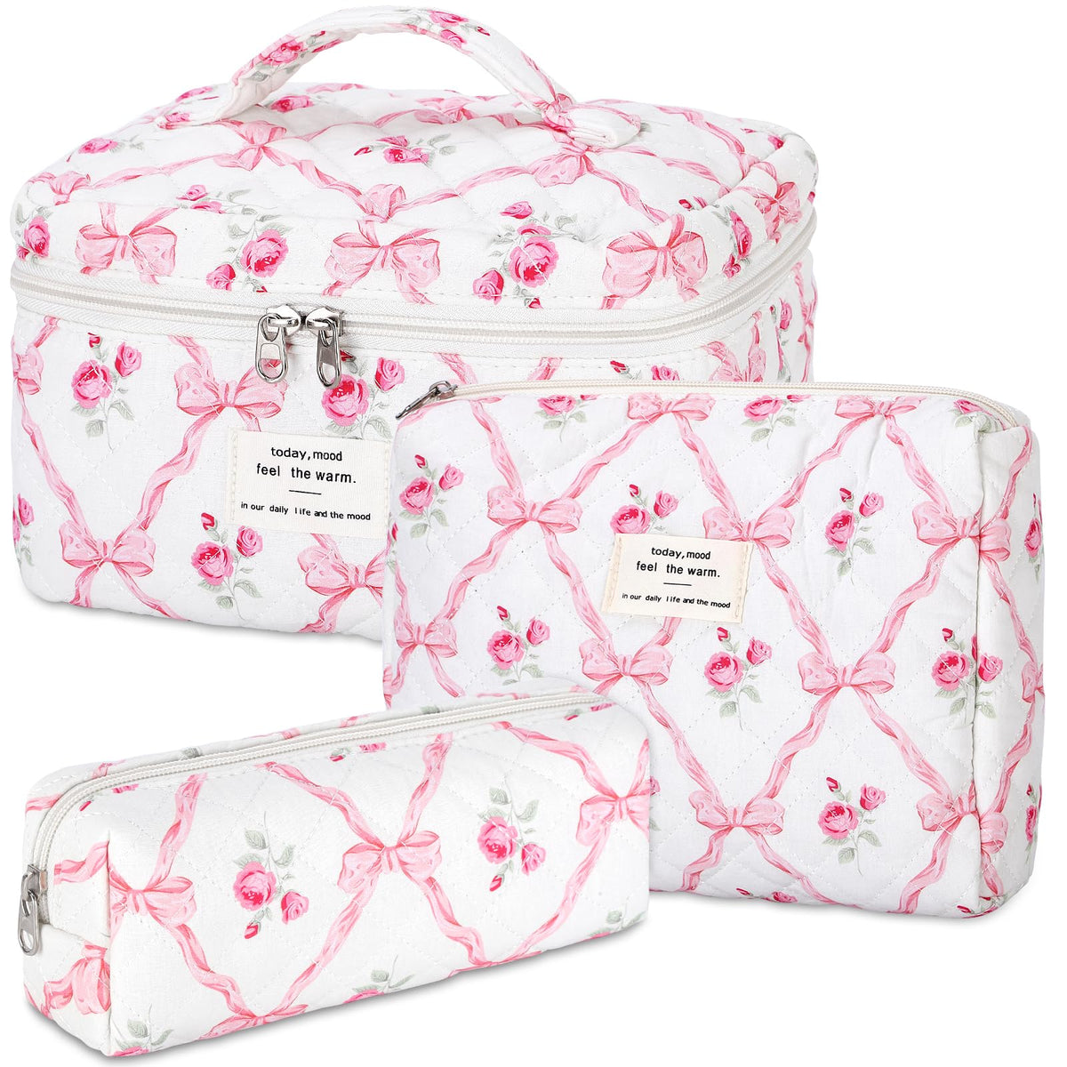 senbowe Floral Makeup Bag, 3 Pack Large Cotton Quilted Makeup Bag Set, Cute Floral Coquette Aesthetic Toiletry Bag Make Up Cosmetic Bag for Women, Toiletry Travel Make Up Organizer Bag