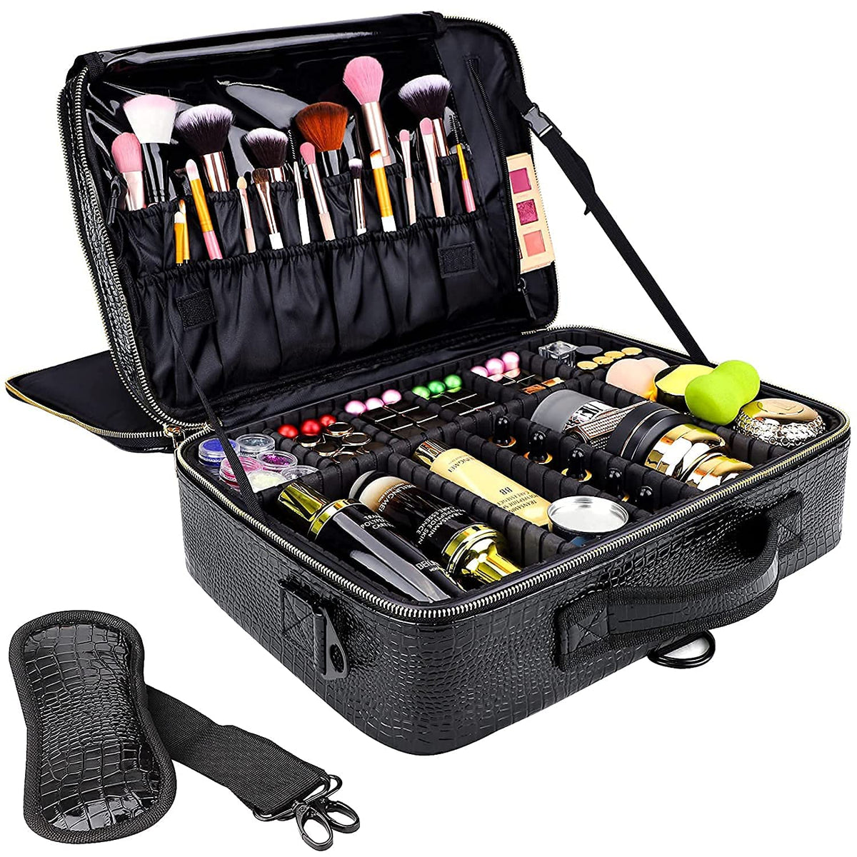 gzcz Large Capacity Travel Makeup Train Case,Professional Cosmetic Bags for Women,Portable Makeup Brush Bag Organizer Storage with Adjustable Dividers and Shoulder Strap