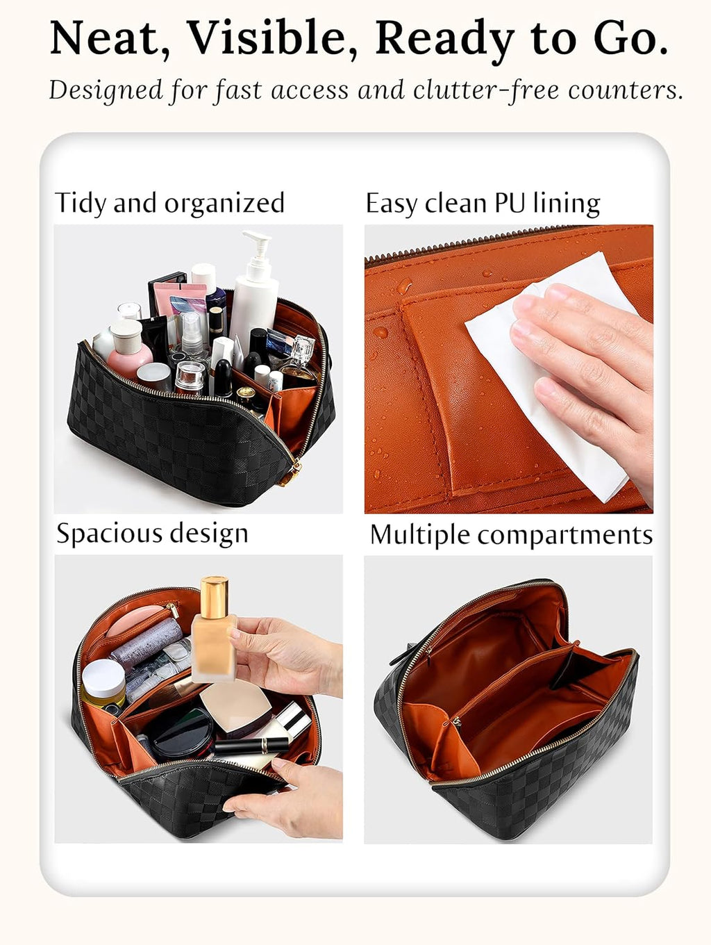 ALEXTINA Travel Makeup Bag, Checkered PU Leather Cosmetic Bag, Black