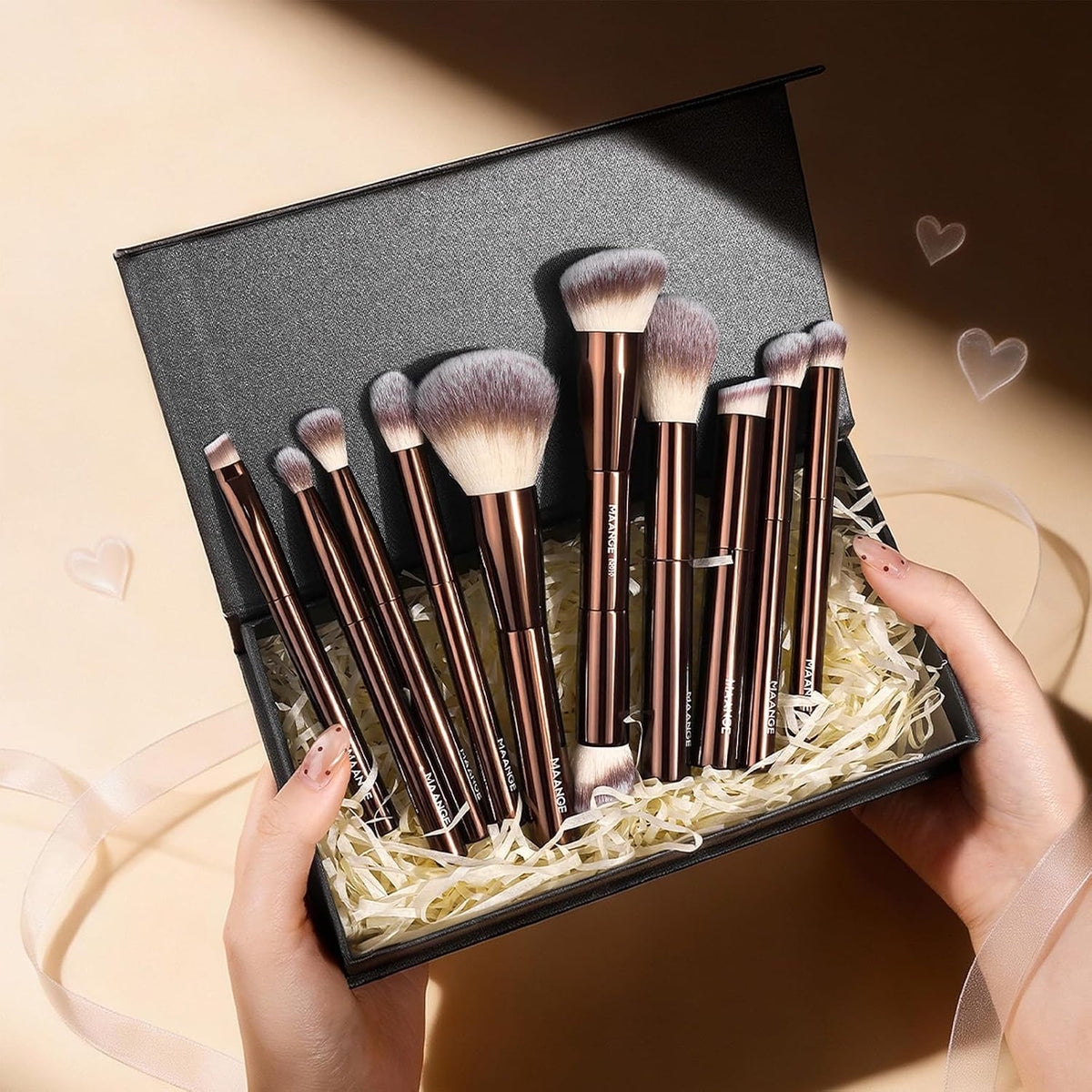 10 Pcs MAANGE Travel Makeup Brush Set with Magnetic case, Premium Synthetic Short Handle Brushes for Foundation, Powder, Concealer, Eye Shadows, Makeup Brush Tools Set(CoffeeBrown)