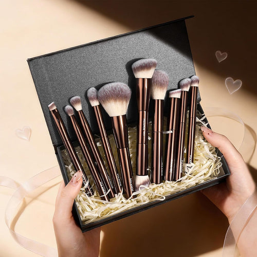 10 Pcs MAANGE Travel Makeup Brush Set with Magnetic case, Premium Synthetic Short Handle Brushes for Foundation, Powder, Concealer, Eye Shadows, Makeup Brush Tools Set(CoffeeBrown)