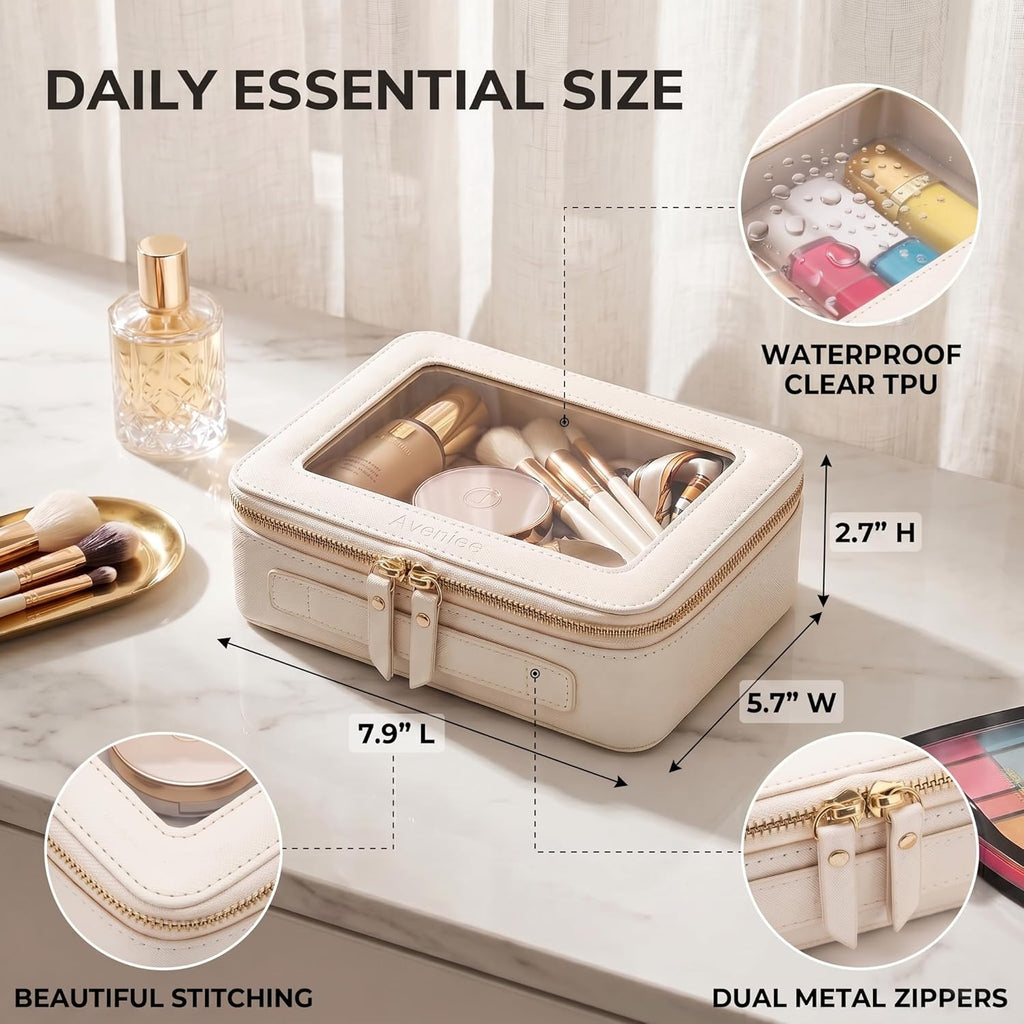 Aveniee Clear Makeup Bag Organizer, Travel Toiletry Bag Cosmetic Case for Women, Make Up Skincare Pouch Car Organizer Bag with Zippers for Essentials,White,Medium Classic