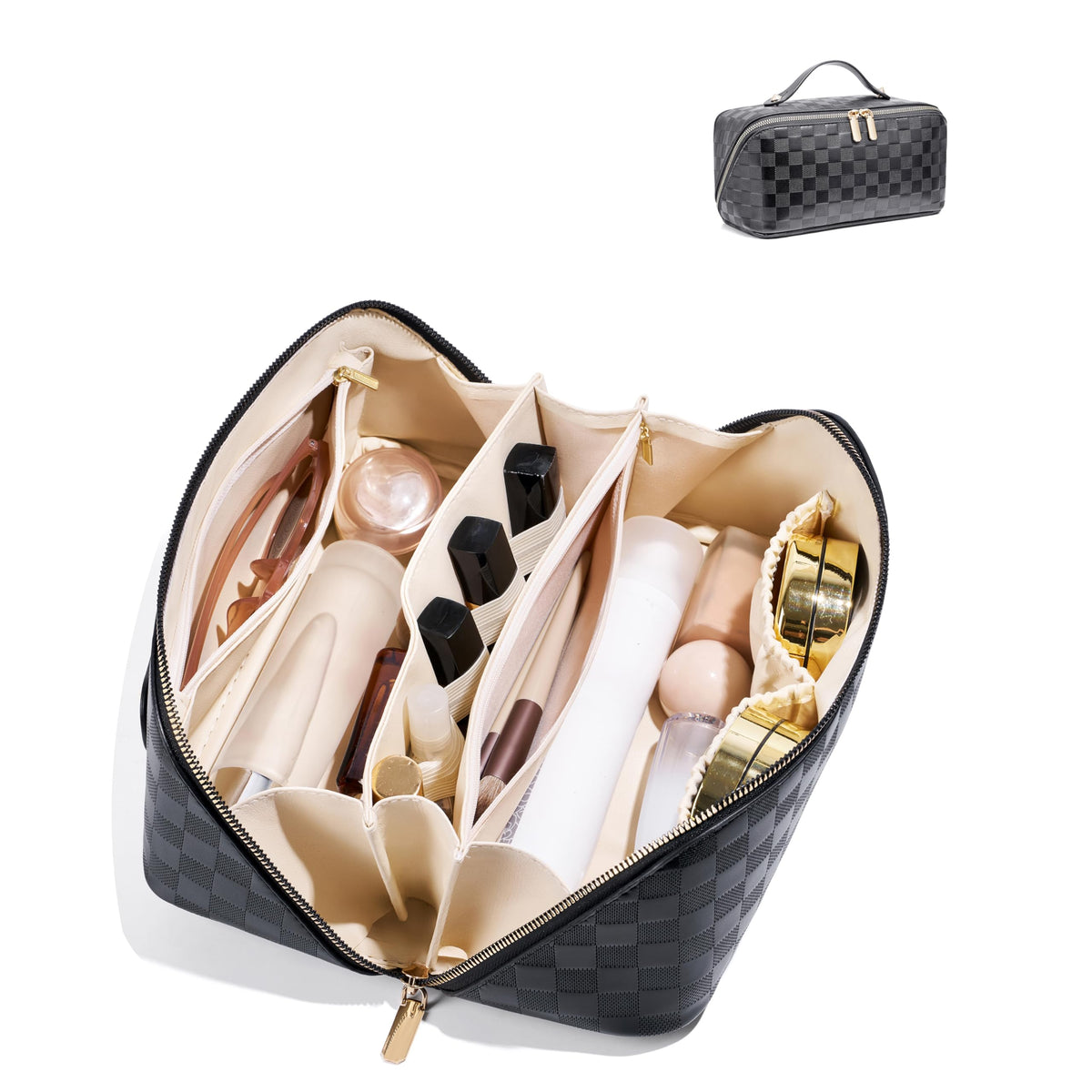 ALEXTINA Travel Makeup Bag, Checkered PU Leather Cosmetic Bag, Black