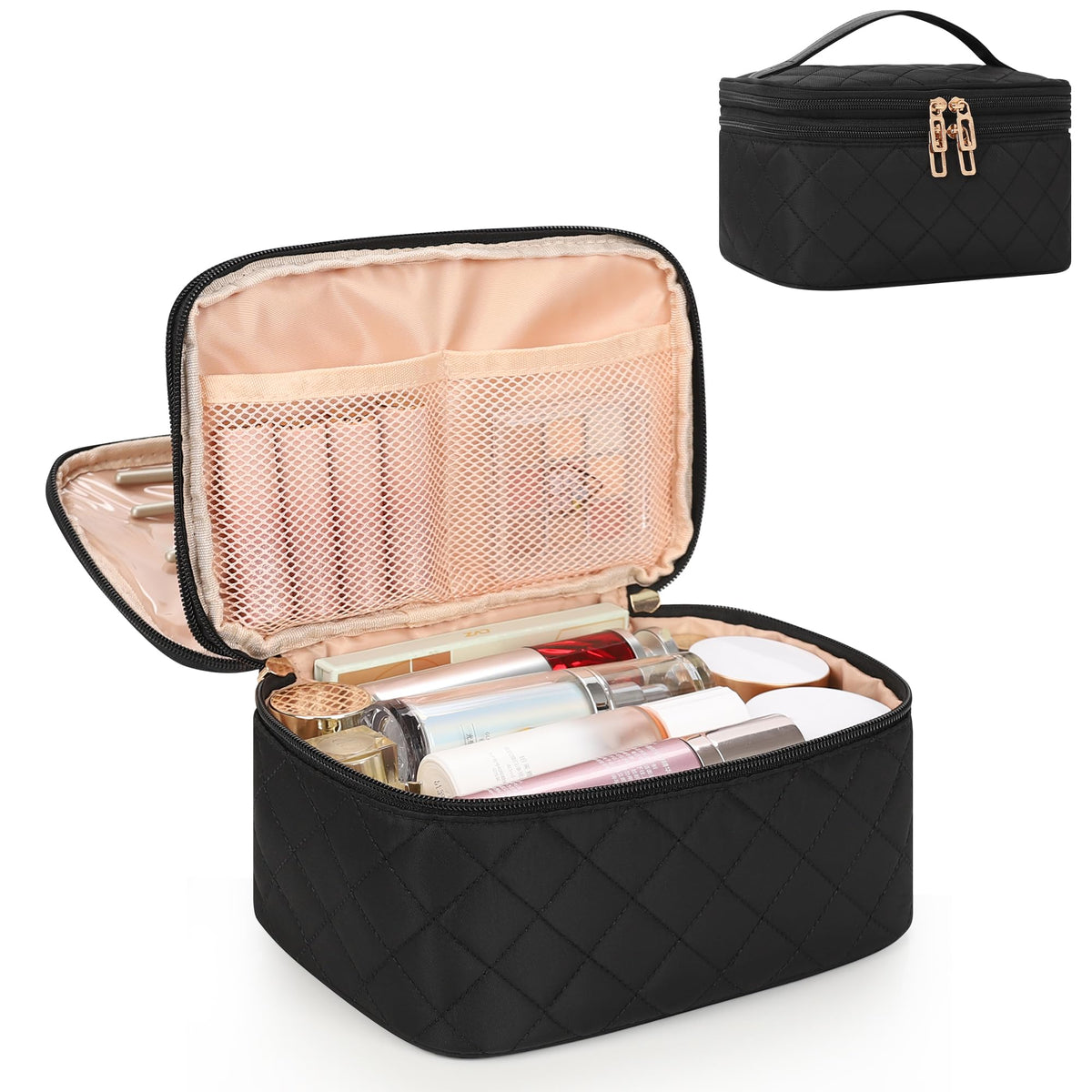 Relavel Travel Makeup Bag, Small Floral Cosmetic Bag with Makeup Brush Compartment, Portable Makeup Pouch for Women, Double Layer Makeup Organizer Bag Cute Toiletry Bag