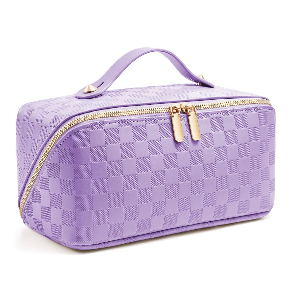 ALEXTINA Travel Makeup Bag, Checkered PU Leather Cosmetic Bag, Black