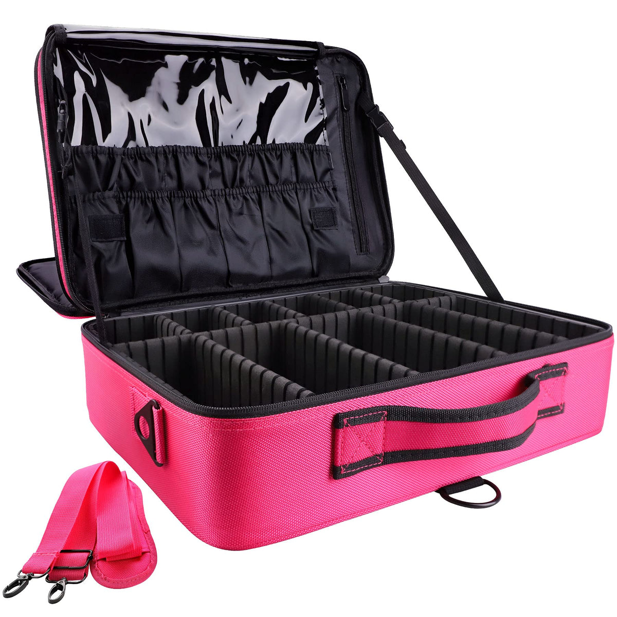 gzcz Large Capacity Travel Makeup Train Case,Professional Cosmetic Bags for Women,Portable Makeup Brush Bag Organizer Storage with Adjustable Dividers and Shoulder Strap