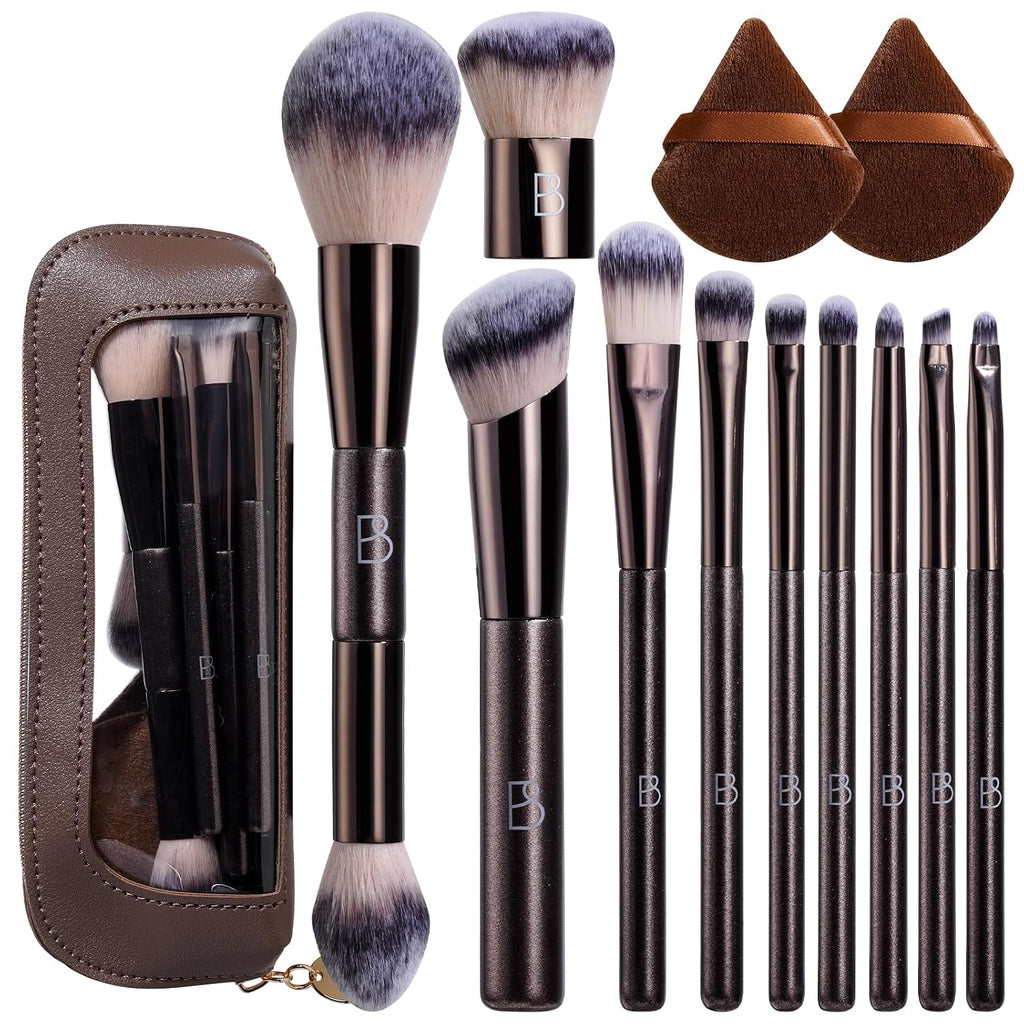 Travel Makeup Brush Set BS-MALL Ultra-Soft Synthetic Bristles Eyeshadow Brush, Foundation Brush for Liquid Makeup, Double-ended Travel Bag & Triangle Puff - Travel-friendly Multi-purpose Kit 10 Pcs