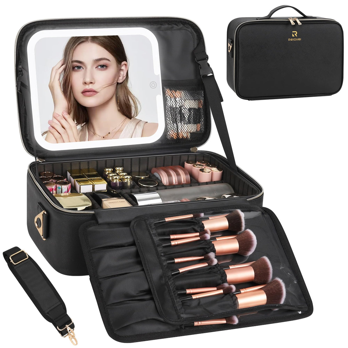 Chomeiu Makeup Bag with LED Mirror, Cosmetic Travel Bag for Women, Black