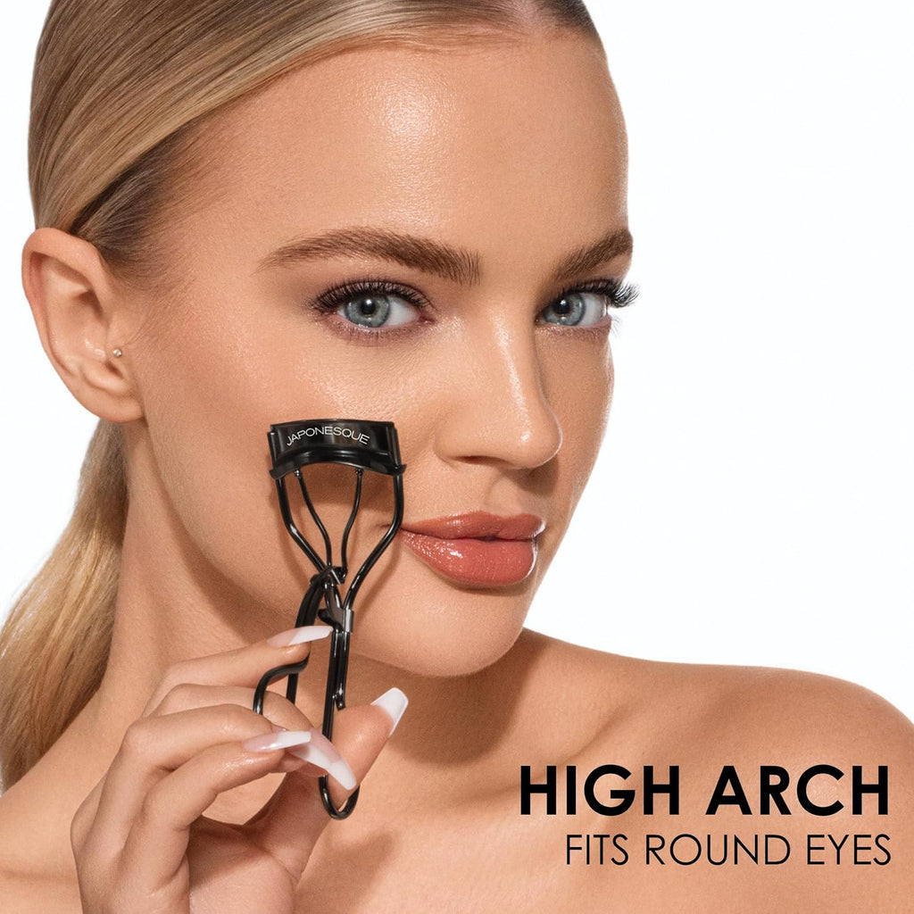 JAPONESQUE Extreme Lash Curler - Scissor Comfort Handle, Deep Curl, Keeps Lashes Curled for 8 Hours, High Arch Design, for Natural or False Lashes, Includes 1 Refill Pad (Gunmetal)
