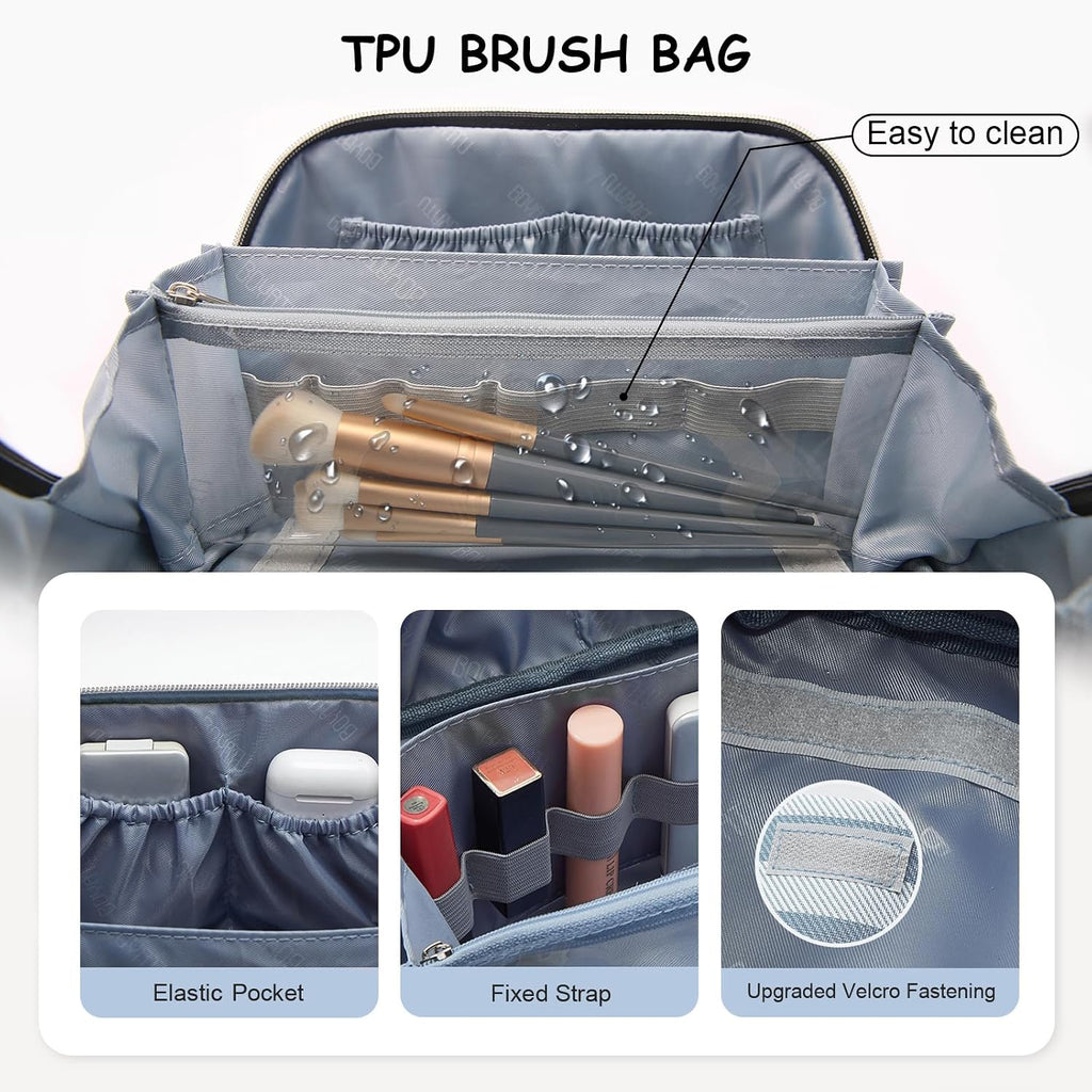 BOYATU Travel Makeup Bag for Women: 3 Pcs Set Striped Make up Bag,Blue