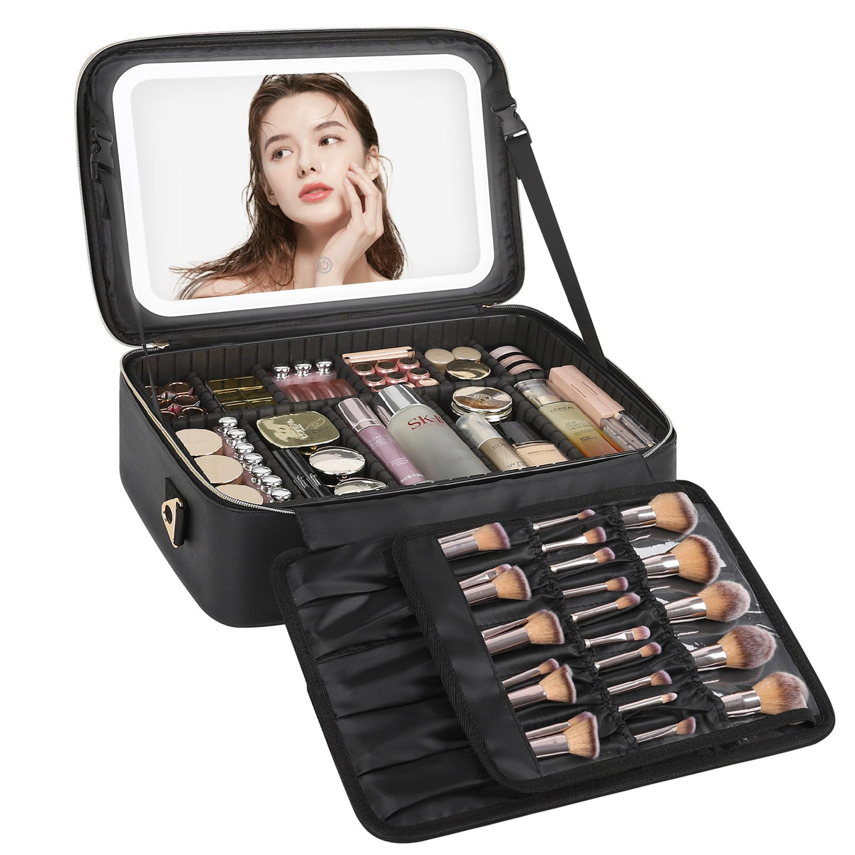 Relavel Travel Makeup Bag With LED Mirror Portable Travel Makeup Organizer 3 Color Adjustable Brightness Waterproof Cosmetic Train Case with Removable Dividers Makeup Storage for Women, Pink